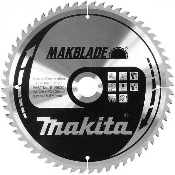 LAME CARBURE MAKITA ''MAKBLADE'' BOIS, POUR SCIES RADIALES ET À ONGLETS Ø 260 MM (60 DENTS) -B-09020 1 LAME CARBURE MAKITA ''MAKBLADE'' BOIS, POUR SCIES RADIALES ET À ONGLETS Ø 260 MM (60 DENTS) -B-09020