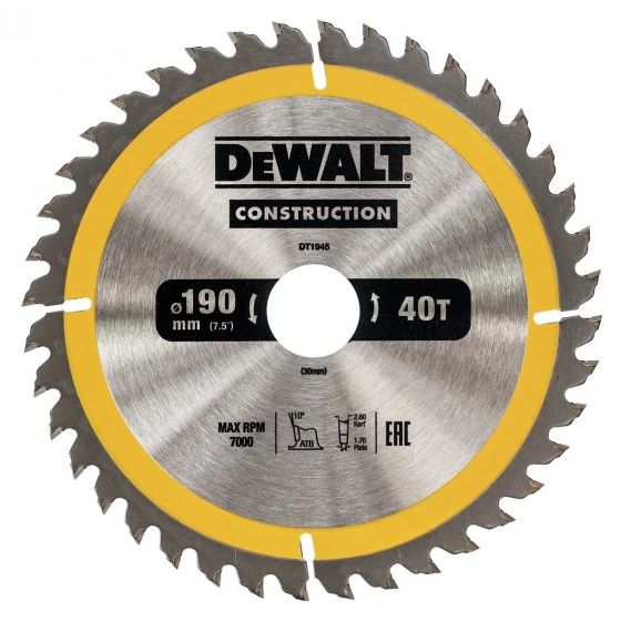 Lame DEWALT Scie Circulaire Portative Construction, 190x30mm - DT1945-QZ 1 Lame DEWALT Scie Circulaire Portative Construction, 190x30mm - DT1945-QZ